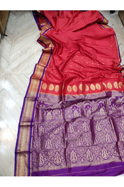 Red Silk Banarasi Saree With All Over Butta Work And Contrast Color Pallu (KR1502)